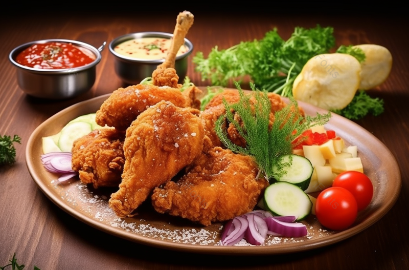 油炸食品炸鸡即食食品酱料蔬果摆盘摄影图,高清,摄影图,摄影图片,图片大全,摄影图免费下载
